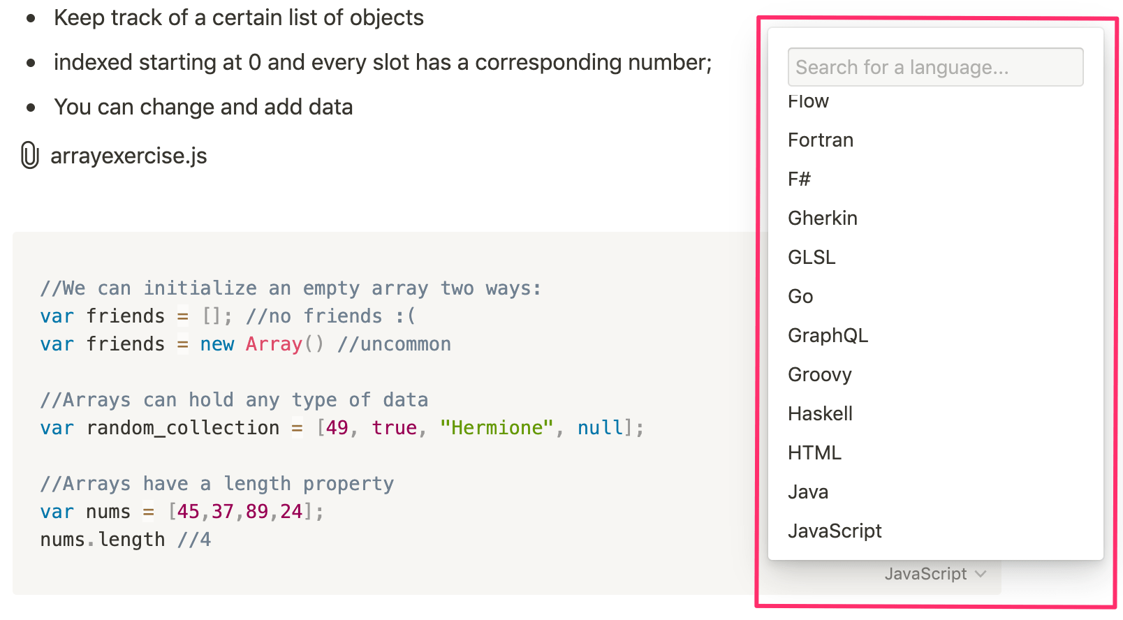 Image of code snippet with selectable languages